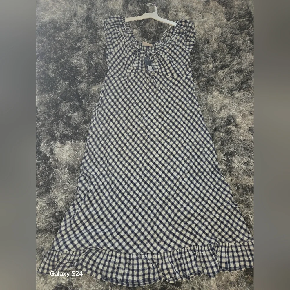 Women Puff Short Sleeve Ankle Sundress Universal Threa Navy  Gingham Sz XXL New - Picture 2 of 4